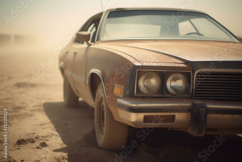 Close-up view of a car in a dusty, desert-like region. Generative AI