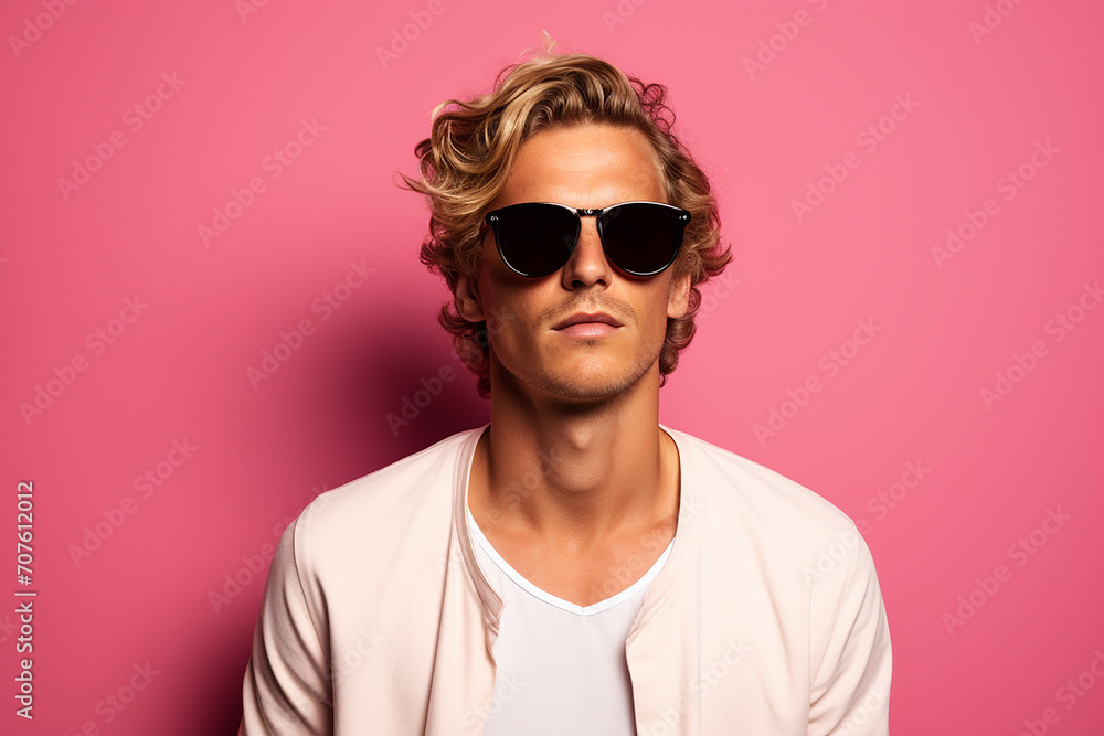Studio portrait of handsome man in sunglasses standing on colour background Studio portrait of handsome man in sunglasses standing on colour background