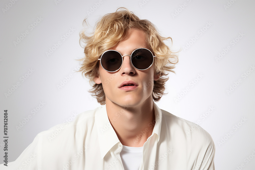 Studio portrait of handsome man in sunglasses standing on colour background Studio portrait of handsome man in sunglasses standing on colour background
