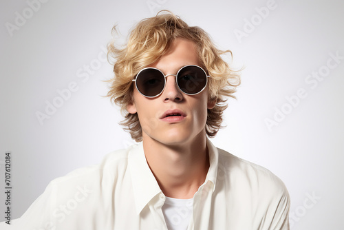 Studio portrait of handsome man in sunglasses standing on colour background