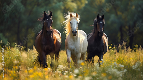 Three Horses In Green Land space, Deferent Colors Horses, Green Hills And Mountains Background, World Animals Day, International Horse Day, Front View Of Riding Horses, Horse Festival, Generative Ai