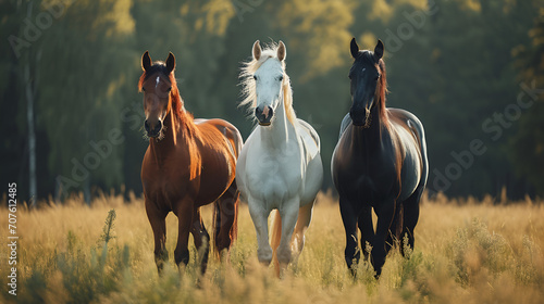 Three Horses In Green Land space, Deferent Colors Horses, Green Hills And Mountains Background, World Animals Day, International Horse Day, Front View Of Riding Horses, Horse Festival, Generative Ai