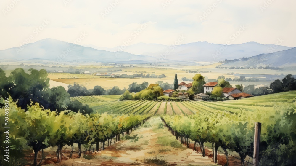 A picturesque vineyard with rows of grapevines and hills in the backdrop. landscape watercolor Generative AI