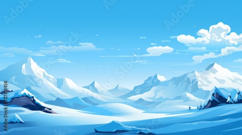 A snowy mountain range against a clear blue sky. vector cartoon graphic Generative AI © vadosloginov