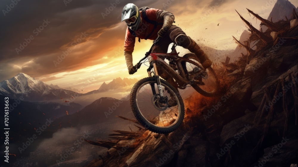Naklejka premium A stylized depiction of a mountain bike rider performing a thrilling jump on a challenging trail amidst picturesque mountainous landscapes Generative AI