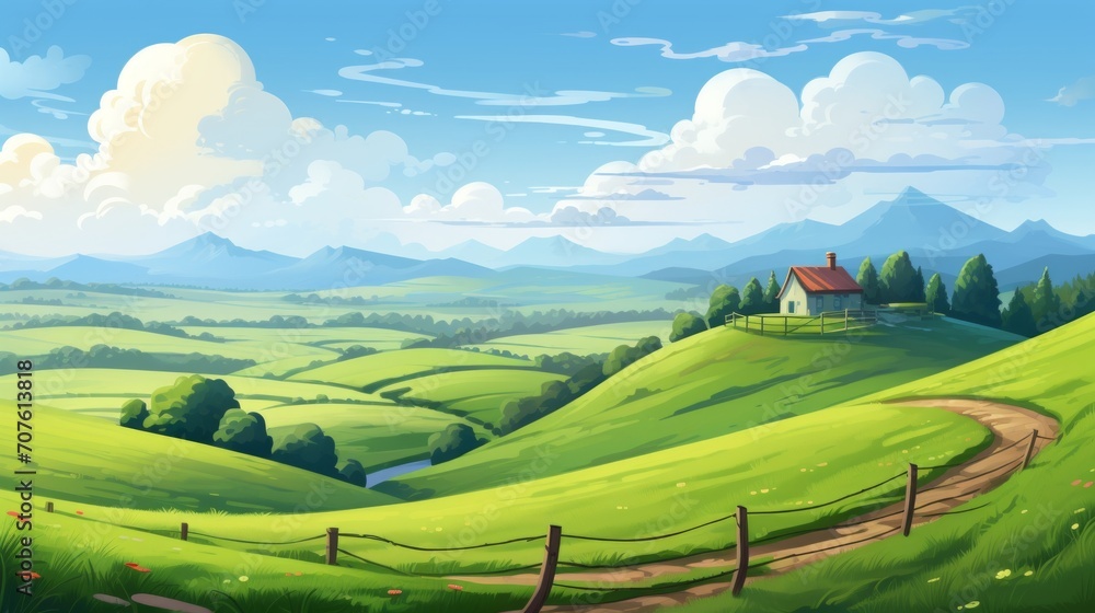 A tranquil countryside scene with rolling hills and a farmhouse. vector cartoon graphic Generative AI