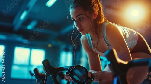 Mujer joven atlética entrenando intensamente en bicicleta estática en un gimnasio moderno
