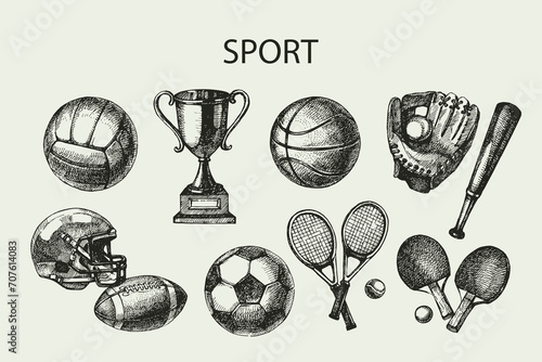 Hand drawn sports set. Sketch sport balls. Vector illustration photo