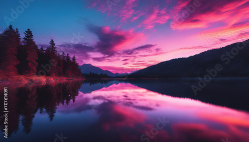  Beautiful pink cloudy sunset over a still mountain lake, dramatic colors photograph © Bounpaseuth