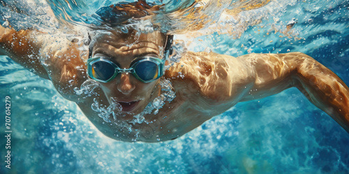 man in swimming goggles is underwater while swimming, generative AI photo