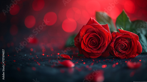 Romantic red close-up photo of roses with delicate bokeh on the background. Focused on the foreground. Valentine s Day Concept