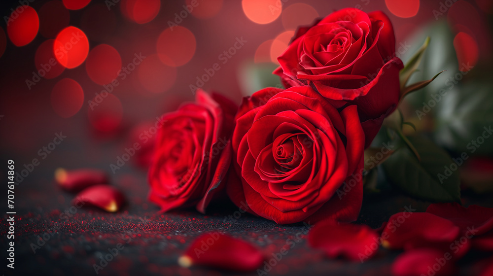 Romantic red close-up photo of roses with delicate bokeh on the background. Focused on the foreground. Valentine's Day Concept Romantic red close-up photo of roses with delicate bokeh on the background. Focused on the foreground. Valentine's Day Concept
