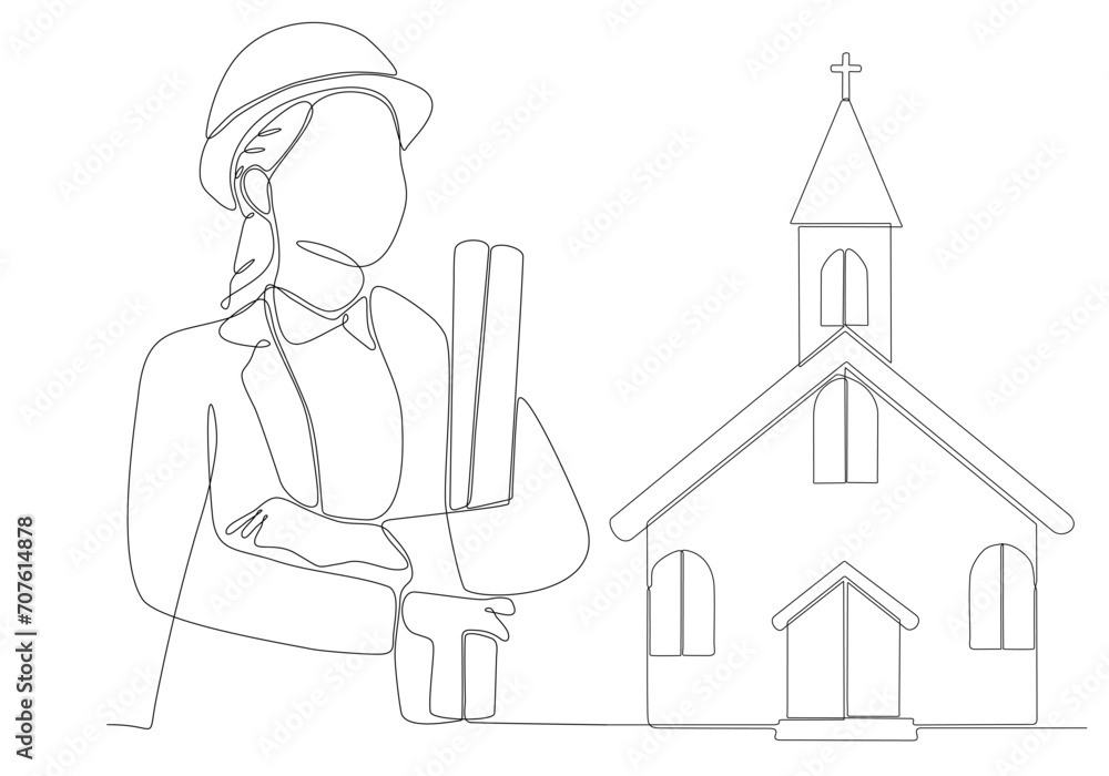 continuous line female architect building church vector illustration continuous line female architect building church vector illustration