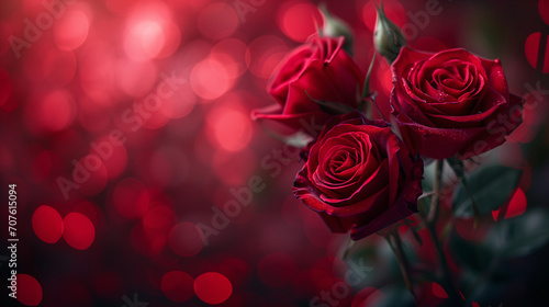 Romantic red close-up photo of roses with delicate bokeh on the background. Focused on the foreground. Valentine's Day Concept