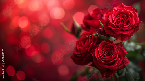 Romantic red close-up photo of roses with delicate bokeh on the background. Focused on the foreground. Valentine s Day Concept