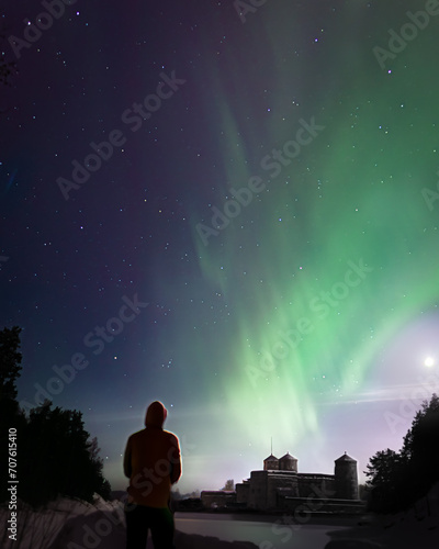 man watching auroras by the medieval castle photo