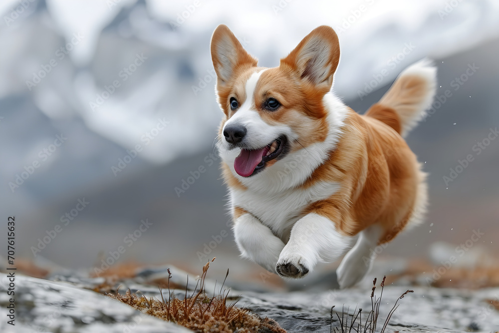 Corgi Dog Running Away with Mountains in the Background