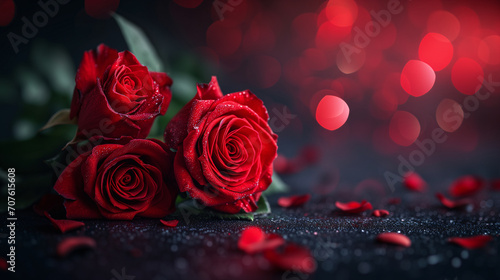 Romantic red close-up photo of roses with delicate bokeh on the background. Focused on the foreground. Valentine s Day Concept