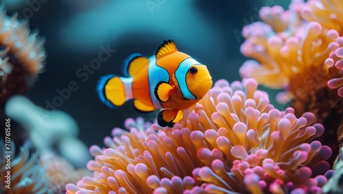 clown fish swimming in the ocean with sea anemone © akarawit
