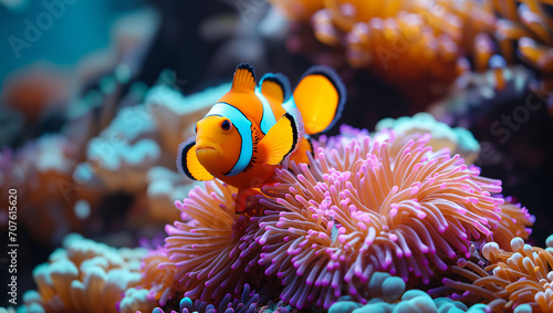 clown fish swimming in the ocean with sea anemone
