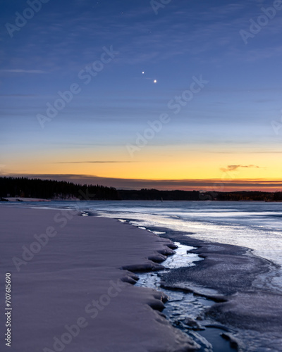 winter sunset and Mars and Venus together