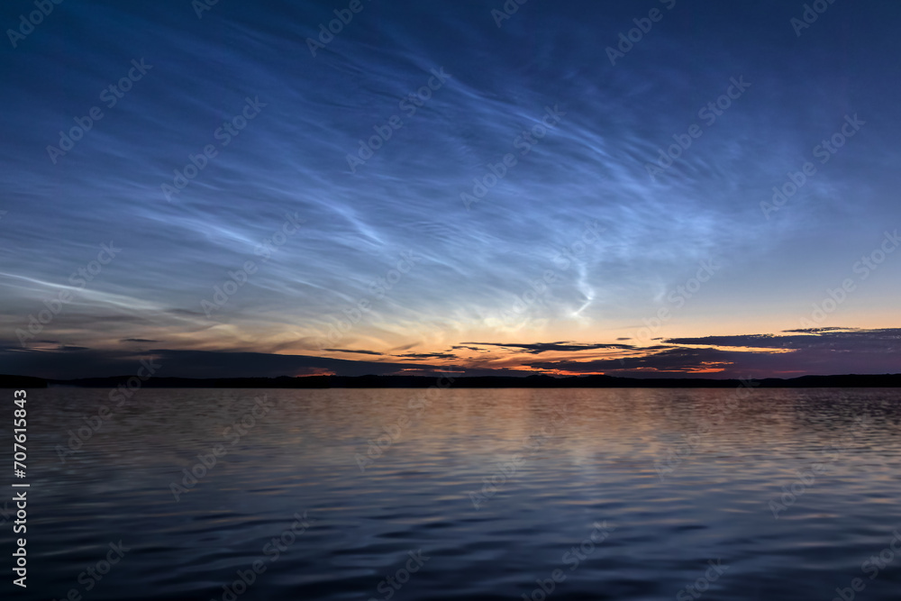 noctilucent clouds, sunset and lake