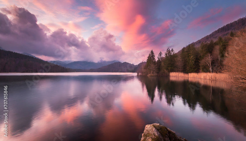  Beautiful pink cloudy sunset over a still mountain lake, dramatic colors photograph photo