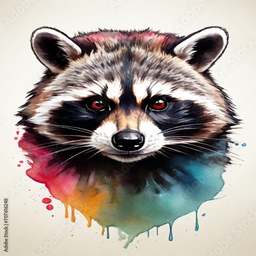 Discover an extraordinary watercolor logo presenting a powerful raccoon face in vibrant colors. The design catches the eye against a monochrome background, providing a visually captivating impact