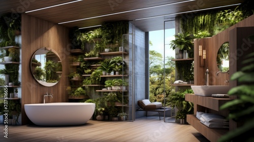 An eco-friendly bathroom with sustainable materials, greenery, and energy-efficient fixtures Generative AI
