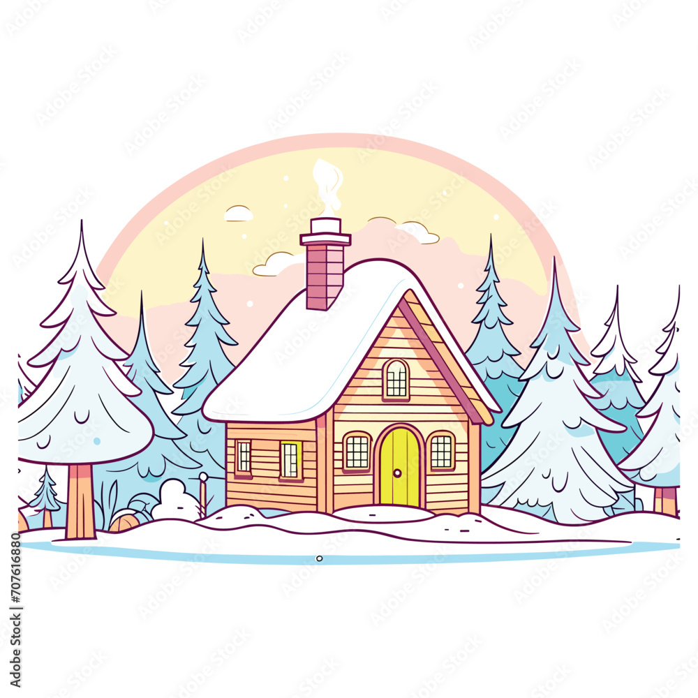 Winter cabin scene in snowy forrest and fresh snow