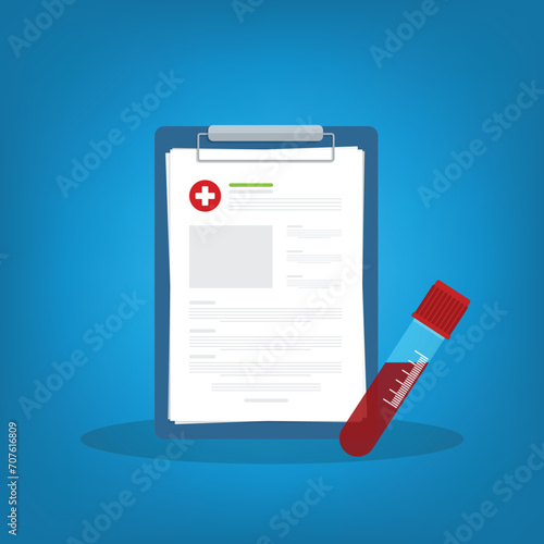 Blood analysis. Blood test. Medical research report clipboard with medical sample in a glass tube.