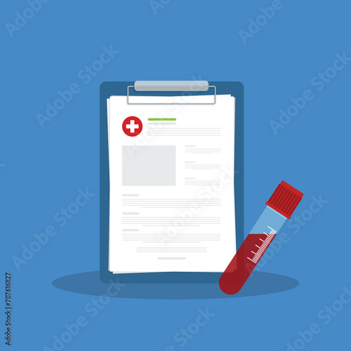 Blood analysis. Blood test. Medical research report clipboard with medical sample in a glass tube.