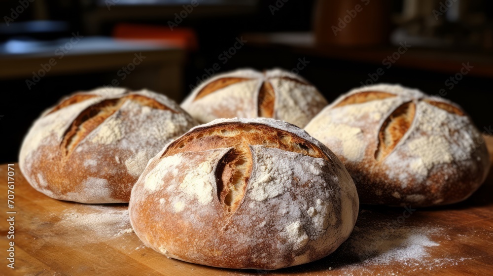 Artfully scored boules of artisan bread, highlighting the contrast between crust and crumb. Generative AI