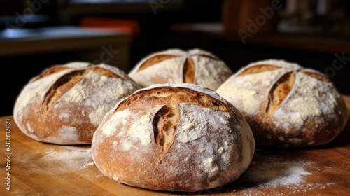 Artfully scored boules of artisan bread, highlighting the contrast between crust and crumb. Generative AI