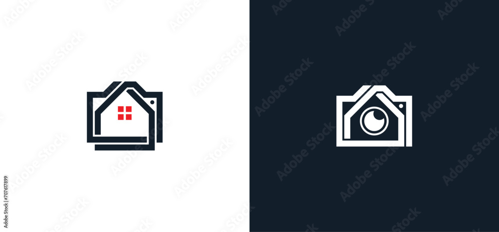 Camera Home Photography Logo Concept icon sign symbol Design Element. House, Photographer Logotype. Vector illustration template - obrazy, fototapety, plakaty 