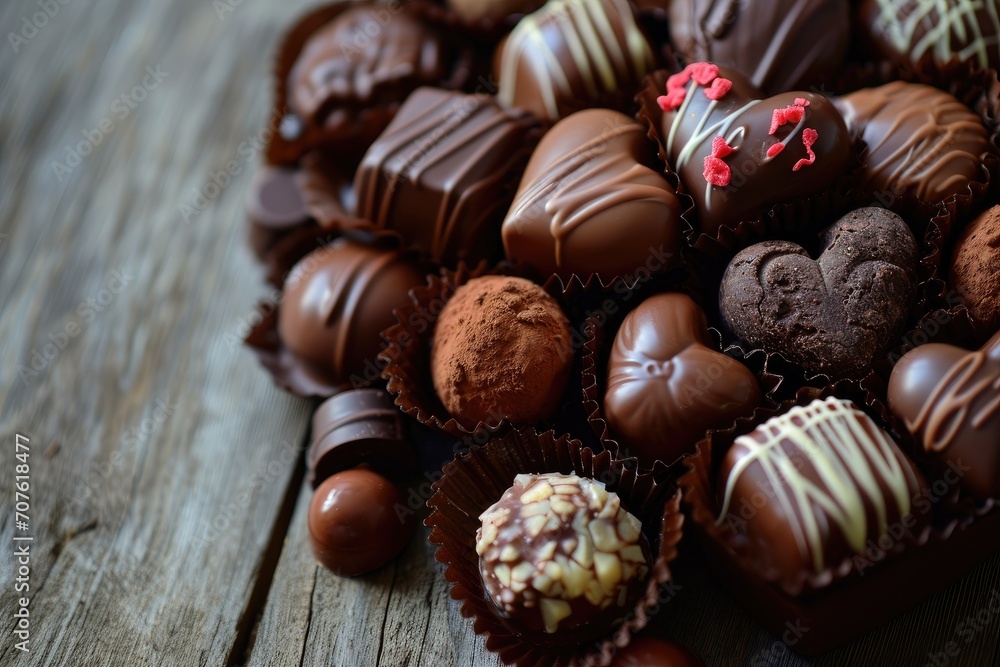 Chocolate candies on wooden table. Valentines day Chocolate candies on wooden table. Valentines day