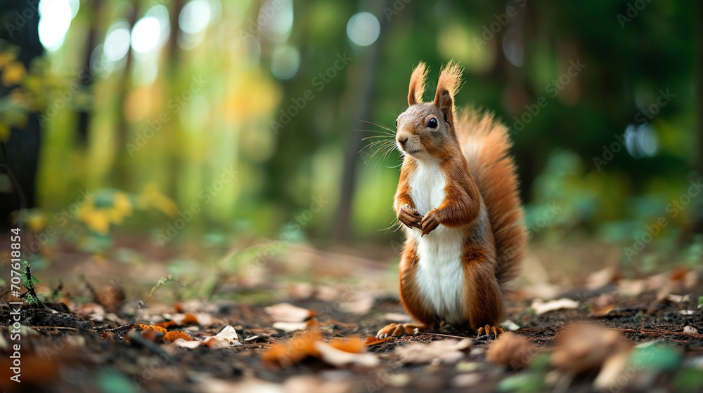 Funny red squirrel standing in the forest like Master of the Universe. AI Generative