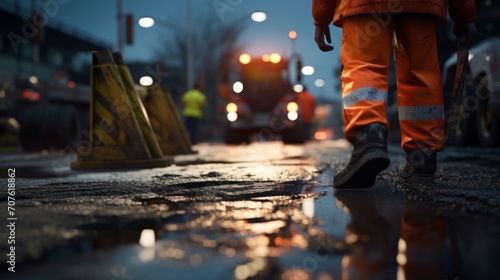 Close-up of a road worker using a jackhammer, repairing the road surface, construction zone with safety signs visible Generative AI