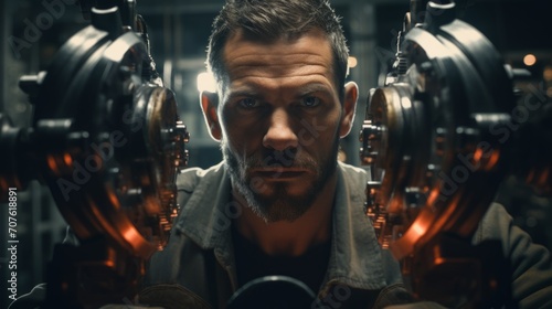 Close-up of an auto mechanic using a wrench, fixing brakes, precise workmanship, automotive workshop backdrop Generative AI