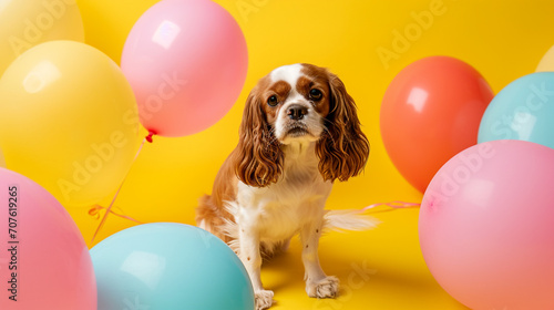 Dog cavalier king charles spaniel sit on yellow background among balloons. AI Generative © We3 Animal