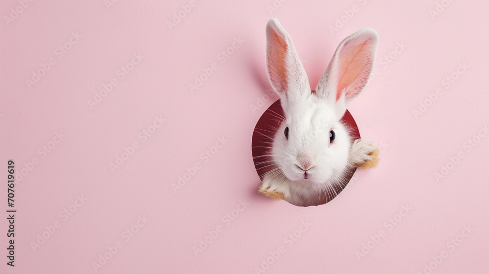 Easter bunny peeps out of the hole on pastel pink background. AI Generative Easter bunny peeps out of the hole on pastel pink background. AI Generative