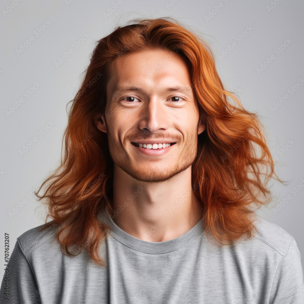 Handsome young male guy smile Asian with long red hair, on gray background, banner, copy space, portrait. Handsome young male guy smile Asian with long red hair, on gray background, banner, copy space, portrait.