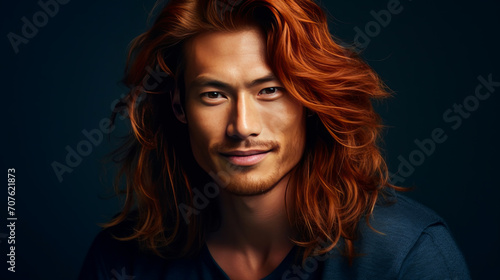 Handsome young male guy smile Asian with long red hair, on a dark blue background, banner, copy space, portrait.