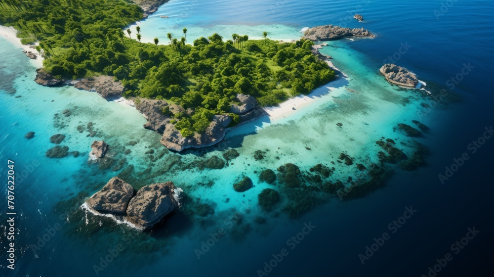 Drone view of a serene island paradise with palm-fringed coastlines, secluded coves, and emerald-green lagoons surrounded by coral atolls. photorealistic --ar 16:9 --v 5.2 Job ID: 4fdd44f2-6eee-420f-9