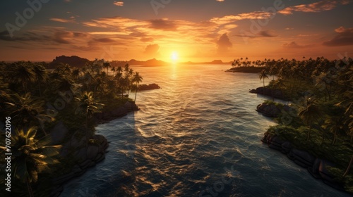 Drone's-eye view capturing the beauty of palm-fringed islands at dusk, with the sun setting behind the horizon, casting a golden glow over the tranquil seascape. photorealistic epic lighting Generativ