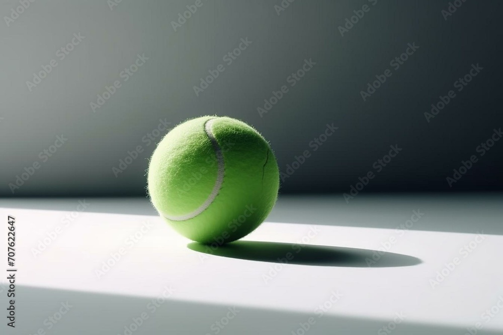 A white background showcases a green tennis ball in 3D rendering. Generative AI