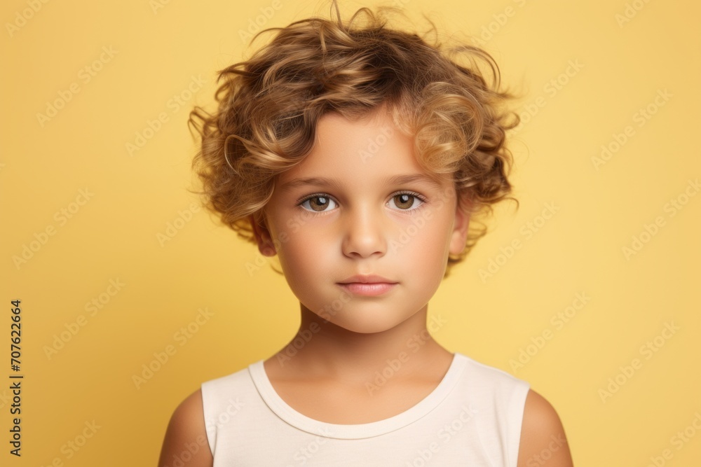 Portrait of a cute little girl with curly hair over yellow background. Portrait of a cute little girl with curly hair over yellow background.