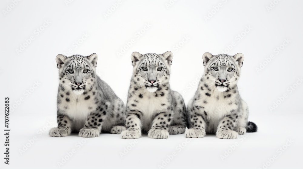Fototapeta premium Enigmatic snow leopards in different positions. Generative AI