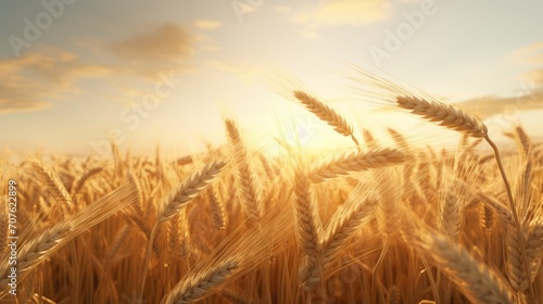 Expansive wheat fields bathed in golden sunlight, showcasing the ripening wheat crops swaying gently in the breeze. Generative AI