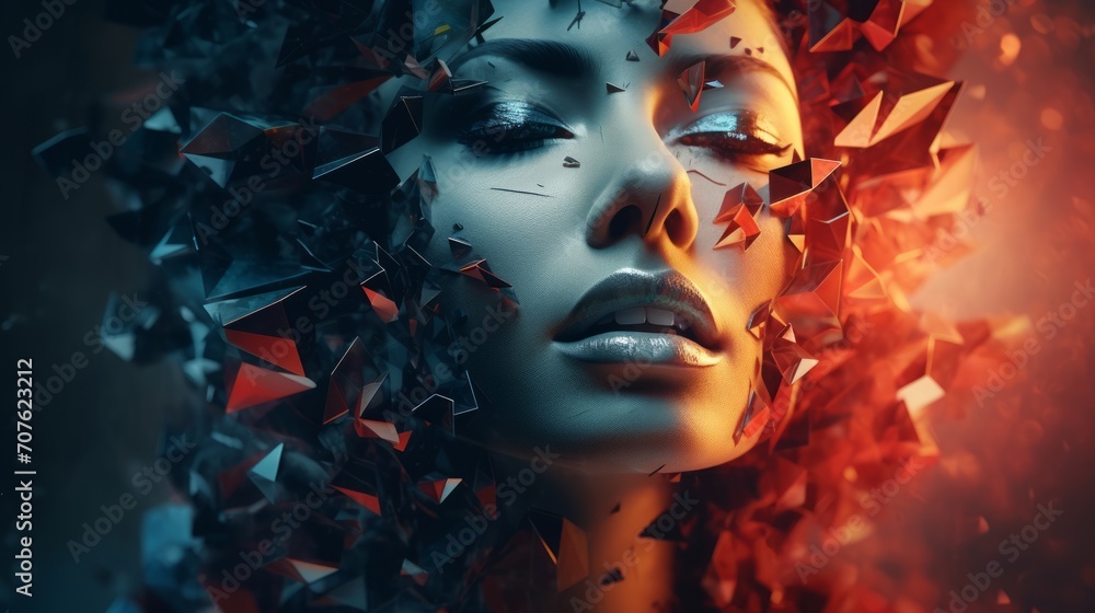 Fragmented and distorted shapes creating a unique and abstract visual tapestry. Woman's face Generative AI